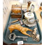 Various desk top items, to include novelty key, cork screws, novelty lighters, egg timer, oak cigare