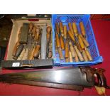 A group of wooden hand tools, to include chisels, two saws bearing name Hobson, etc. (2 boxes)