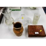 Various glassware and ceramics, glass posy bowl, two glass vases, stoneware jug, and a wooden trinke