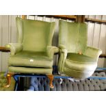 Two green draylon armchairs, to include one wingback and one side chair. The upholstery in this lot