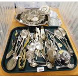 A group of silver plated wares, to include berry spoon, silver plated serving spoons, ash tray, mant