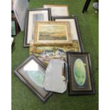 A group of framed pictures and prints, a pair of Victorian watercolours after Hapland, embroideries,