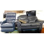 A blue Lazy Boy leather sofa suite, comprising two seater sofa and associated reclining armchair. (2