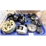 A group of fishing reels and spools, to include an Alpha Golden Eagle, and others. (1 tray)