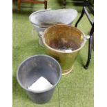 A copper coal bucket, aluminium pan and a plant pot. (3)