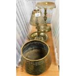 Three items of Eastern brass ware, a trivet, Eastern brass bowl and a candle stand. (3)