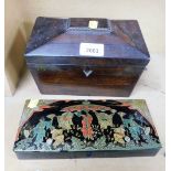 Two boxes, to include a 19thC rosewood tea caddy and an eastern inspired glove box with figures of G