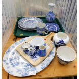 Various blue and white ceramics, a Wren Willow pattern vase, Chinese rice bowl, tankard, plates, etc