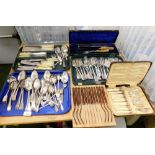 Various silver plated wares, to include bone handled butter knives, table forks, tea strainer, cased
