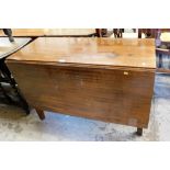 A 19thC mahogany drop leaf table on square tapered legs.