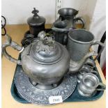 Various pewter wares, to include tankards, acorn finial teapot, salvers, etc. (1 tray)