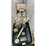 Silver plated wares, dressing table set, cigarette case, bowl, bud vase, knives, etc.