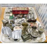 A group of silver plated wares, to include cutlery, miniature candlesticks, souvenir spoons, etc. (2