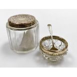 Two silver topped jars, to include a silver topped mustard with silver plated spoon and a silver top