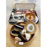 Various treen and silver plated wares, to include wooden handled brushes, EPNS cutlery, enamelled bo