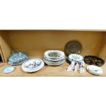 Various collectors plates, cake trays, oriental figures, pin dishes, Robert Burns collectors dish, e