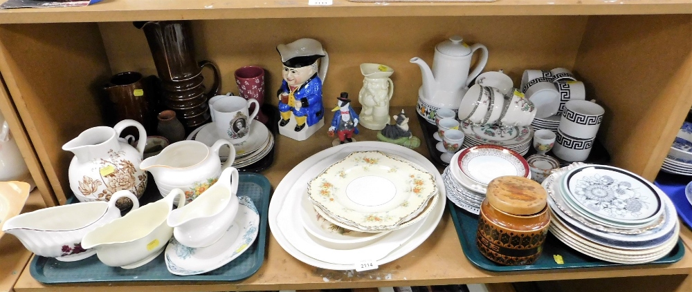 Various ceramics and effects, cat in boot, Mason's style cups and saucers, gravy boats, etc. (1 shel