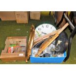 Various trinkets and effects, wall clock, military arm badges, glassware, an STL100 cricket bat, Rim