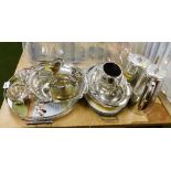 Various silver plated wares, to include a coaching scene silver plated tray, three piece coffee serv