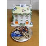 A Staffordshire style cottage and a Cries of London Prattware pot lid. (2)
