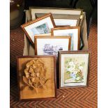 Various pictures and prints, countryside prints, carved wooden pictures, etc. (1 box)