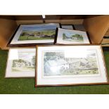 A group of pictures and prints, comprising a Geoffrey Holdiworth outbuildings watercolour, Graham Ca