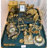Various brass ware, to include three rococo scroll mount stands, a sovereign scale, table bell, bisc