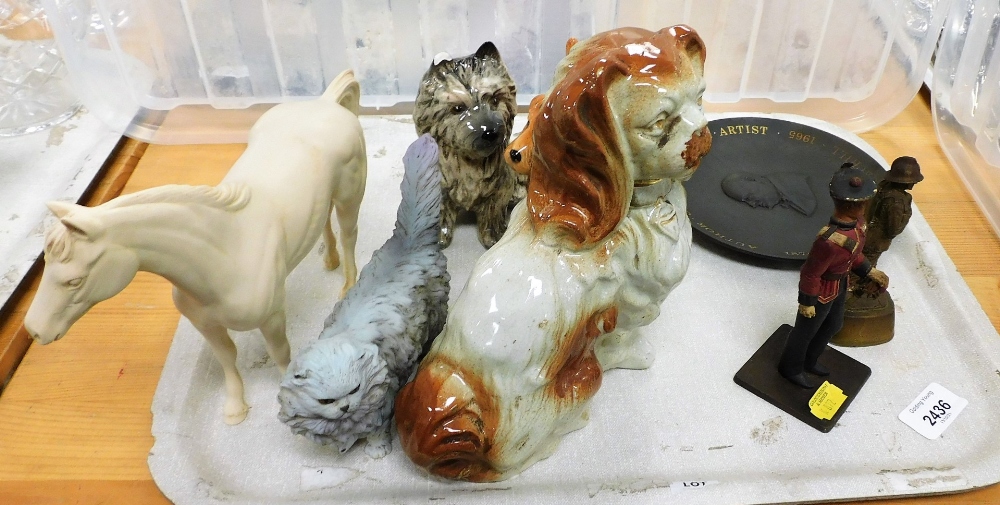 A group of ceramics, dog ornament, horse ornaments, a Wedgwood Churchill Centenary collectors plate