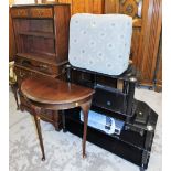 A group of furniture, to include a piano stool, a reproduction mahogany finish bookcase and chest of