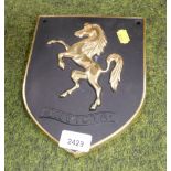 An Aveling-Barford plaque, in the shape of a shield, with rearing horse emblem and marked Invicta.