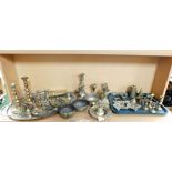 A group of various brasswares, to include brass candlesticks, eastern hammered bowls, Beswick leaf p