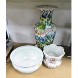 A group of decorative ceramics, to include deer and rabbit vase, chamber pot and flower pot. (3)