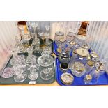 Various glassware, to include part dressing table sets, candle stands, silver plated top biscuit bar