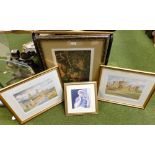 A group of various pictures and prints, figure of a maiden, print of Belvoir Castle and Lincoln Cath