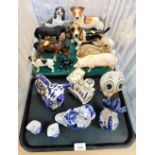 A group of various ornaments, dog ornaments, blue and white wares, pig ornament, seated Bambi, horse