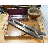 A group of treen and other wares, a slide rule, an oak serving tray, a set of Prestige wooden handle