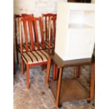 A set of four modern Regency striped dining chairs, side table, and a white bedside. (6)