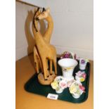 Various ceramics and effects, carved wooden giraffe ornament, floral posy groups, and a Wedgwood mir