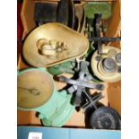 A group of kitchen scales, weighing balances, weights, etc.
