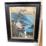 A Japanese relief painted picture, of trees and outbuildings with moulded figure, unsigned, 52cm x 3