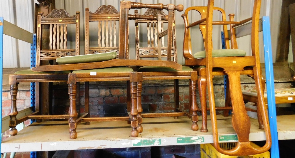 A group of dining chairs, to include a set of four oak dining chairs with James Phillips & Sons of B
