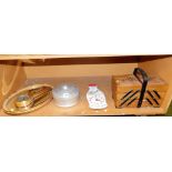 Various trinkets, to include a fresh milk wall clock, an articulated sewing box, jar and cover, baro