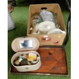 Various glassware, part teawares, sewing kit and a wooden serving tray. (1 box)