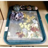 Assorted glassware, to include glass animals, paperweights, painted glass mirror panel, light shade,