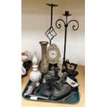 Various trinkets, gauges, solder iron, mantel clock, stand, etc. (1 tray and a quantity)