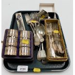A group of silver plated cutlery, forks, serving spoons, cased napkin rings, spoons, etc. (1 tray)