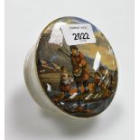 A 19thC Prattware pot lid, depicting fisherman, with trinket box, bottom unmarked. (AF)