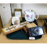 Various trinkets and effects, a carriage clock, cribbage board, Kodak camera, miniature figure of se
