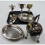 A group of silver plated wares, to include EPNS trophies, cutlery, kettle stand and tureen and cover