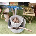 A group of copper and brass wares, a skillet pan, brass trivet stand, candlestick, etc. (a quantity)